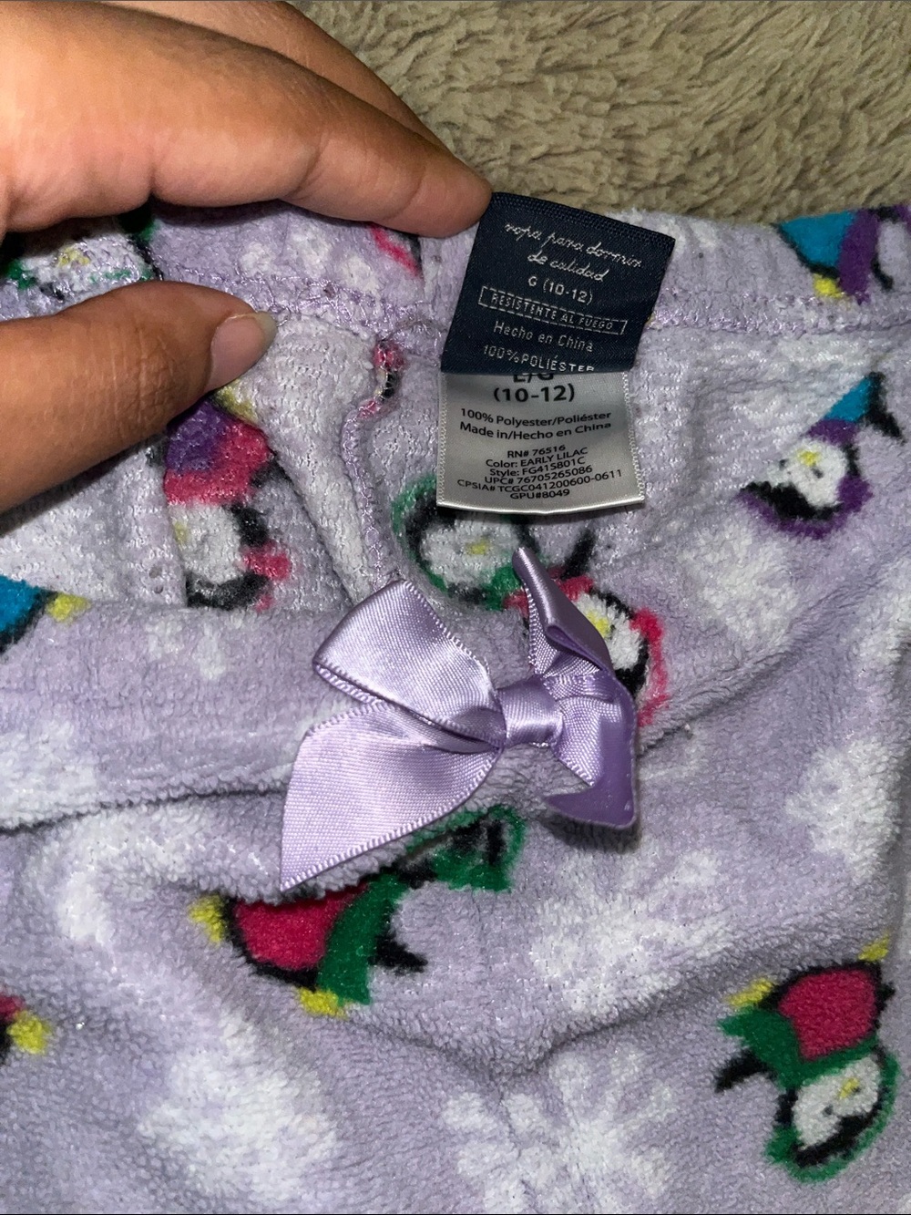 Faded Glory Lavender Fleece Pajama Pants with Colorful Penguin Print - Picture 3 of 4